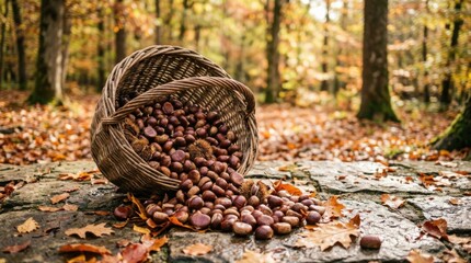 Fototapeta premium Basket of chestnuts spilling onto the forest floor in autumn.