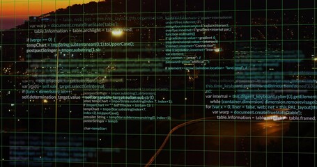 Displaying green grid overlay with code text over coastal twilight, on water and shore lights © vectorfusionart