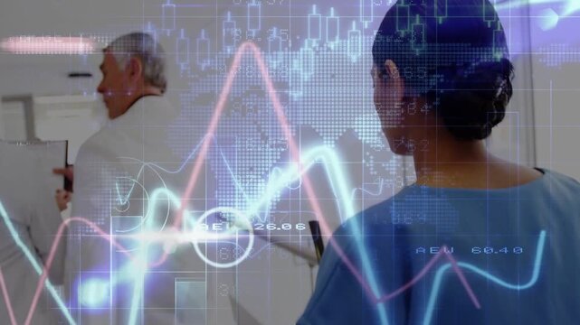 Clinicians initiating patient escort in clinic while nurse noting, animated graphs tracking vitals