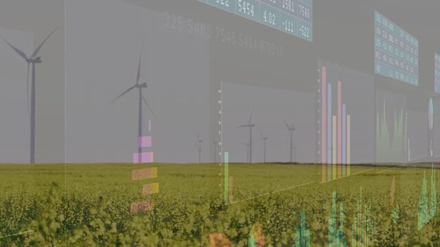 On play data panels sliding across yellow crop field while turbines shifting to show energy yield