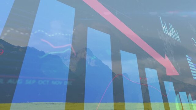 On play translucent finance chart animating over mountain bars moving arrow descending showing drop