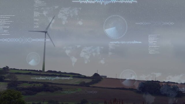 Wind turbine rotating while sensor data showing HUD gauges behind turbine for energy monitoring