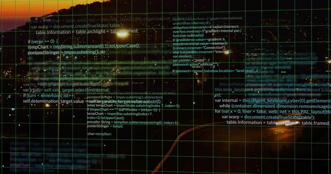 Displaying green grid overlay with code text over coastal twilight, on water and shore lights