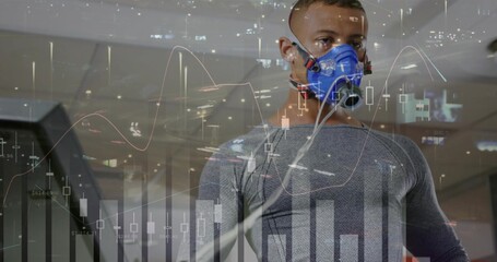 Running athlete wearing grey tight top, blue metabolic mask and tubes on treadmill, chart overlay © vectorfusionart