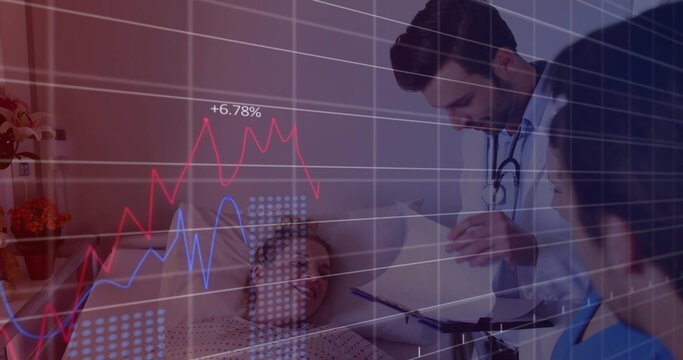 Smiling patient hospital bed gown, doctor white-coat stethoscope checking clipboard, data overlay