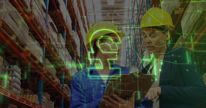 Checking staff wearing yellow hard hats coverall holding clipboard among pallet racks pound overlay
