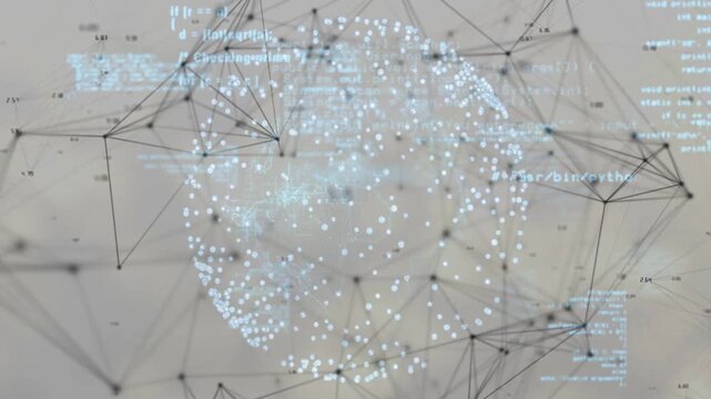 data-sphere receiving scrolling code, shifting wireframe and showing network change for tech users