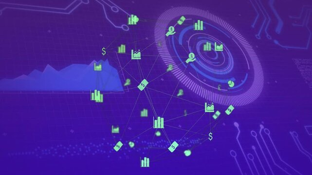 Data feed starting, neon network reconfiguring, rotating HUD pulsing, area chart showing finance