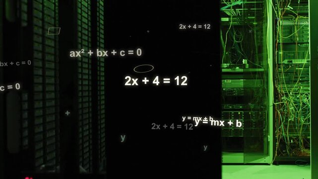 Halo appearing, central equation growing, sliding down-right, servers lighting green, showing data