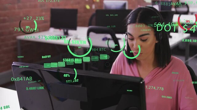 Woman analyst reading monitor while green crypto tickers appearing over screen, analyzing prices