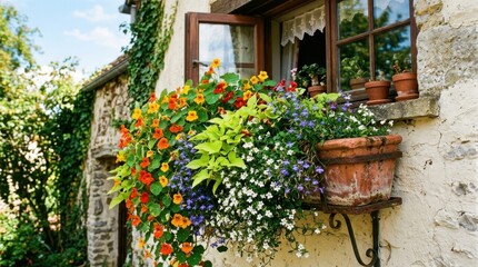 Obraz premium Charming window box overflowing with colorful flowers on a stone building facade.