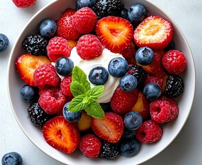 Obraz premium A vibrant assortment of fresh berries including strawberries, blueberries, raspberries, and blackberries, served in a bowl with a dollop of cream and a sprig of mint for garnish.