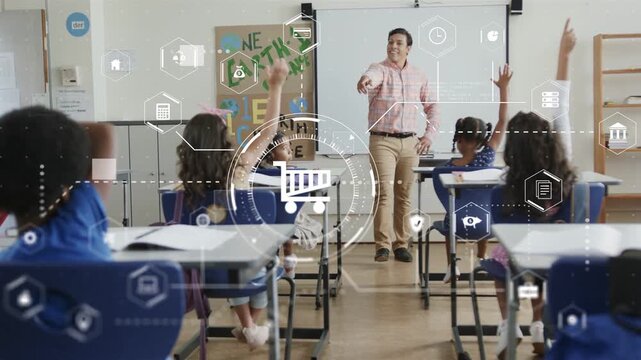 Male teacher calling on kids raising hands as cart icon fading over classroom, supporting education