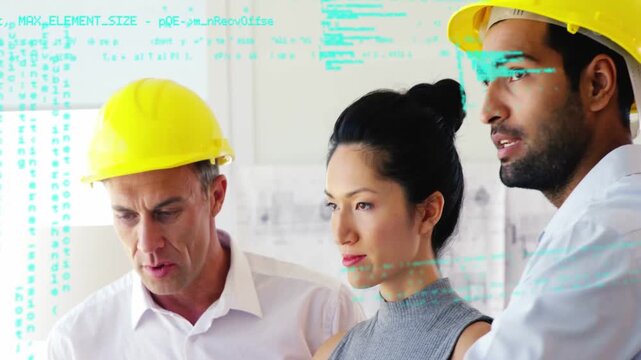 Team studying plans, right man pointing, causing teal AR overlay marking sizes for construction