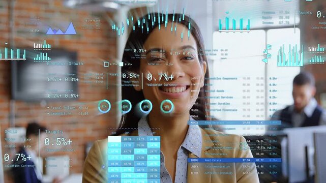 Woman tracking metrics in office, animated finance charts appearing over face and updating