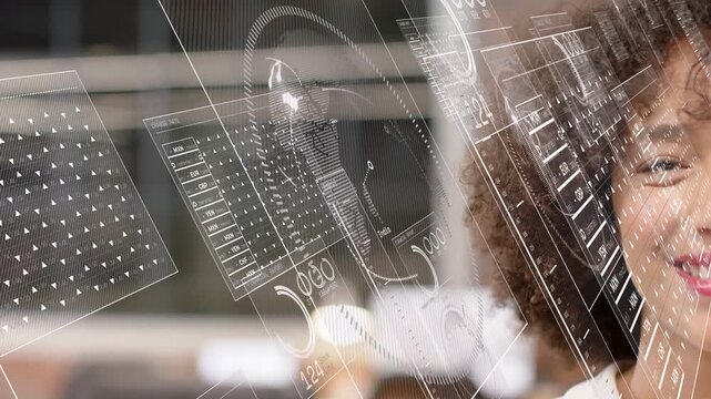 Woman standing right edge observing while HUD appearing overlaying financial grids for review