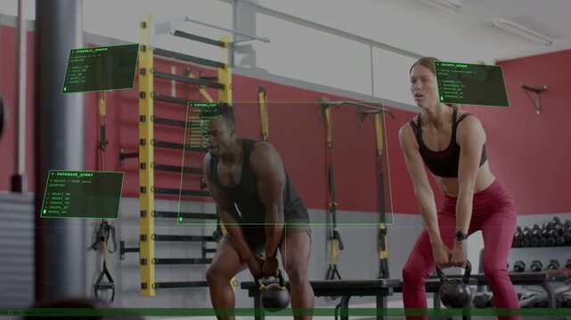 Two workout partners performing kettlebell swings in gym, hip hinge initiating HUD metrics tracking