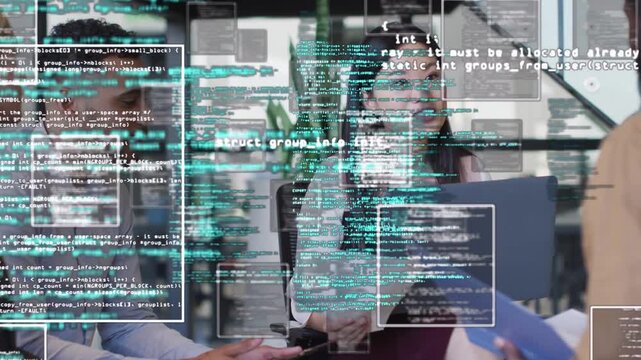 Centered woman presenting papers with folder in business causing code overlays on docs for review