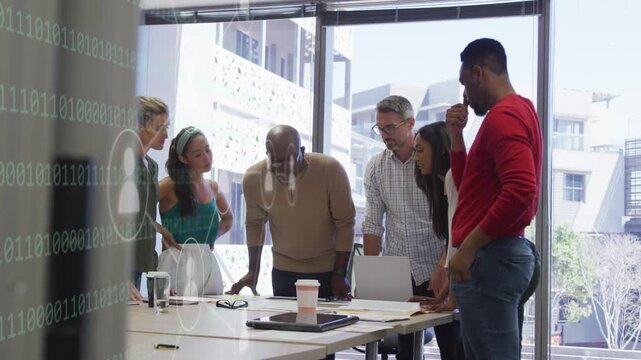 Vertical video: Business team leaning table after man pointing charts, icons highlighting decision