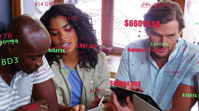 Center woman tapping phone, team analyzing crypto data, floating tickers moving across screens
