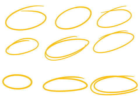 Hand-drawn yellow circle markers and oval highlight swooshes set.
