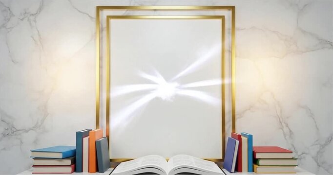 Open Book with Glowing Light and Elegant Golden Frame Background, Knowledge Education Concept for Learning, Study Inspiration, Academic Presentation, Library Theme and Wisdom Visualization Video