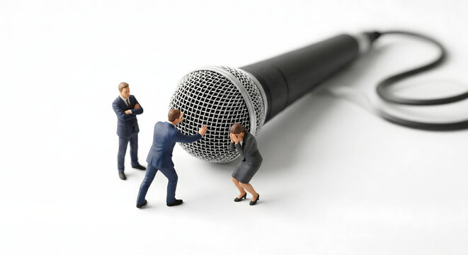 カラオケハラスメントを表現したミニチュア。巨大なマイクを突きつけられ困惑する女性
