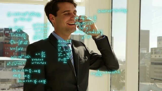 Businessman holding phone to ear and speaking, activating cyan formulas across city, showing data