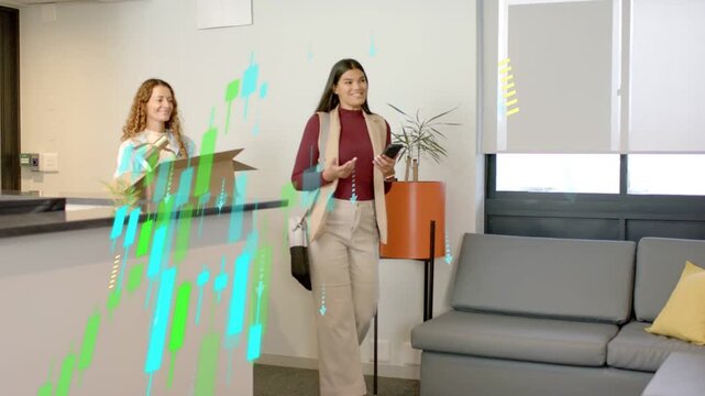Phone-holding visitor entering office, requesting help while staff holding box, animated overlaying