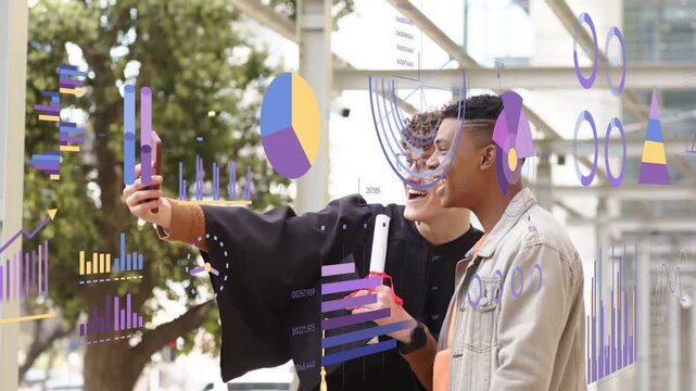 Vertical video: Grad reaching phone charts floating over duo pal pecking with diploma cheering grad