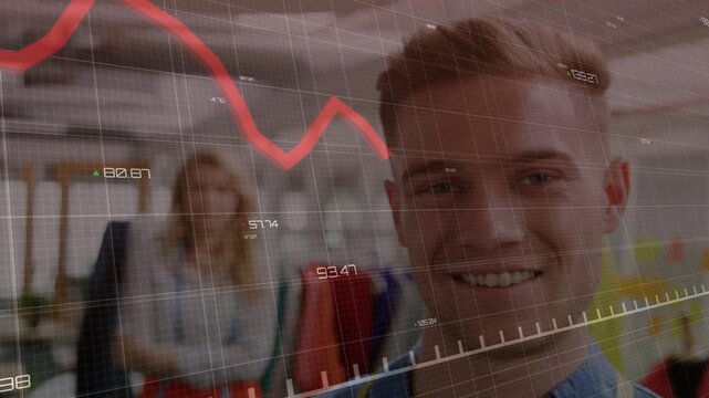 Retail clerk smiling near racks, data starting moving soft overlay across staff showing sales trend