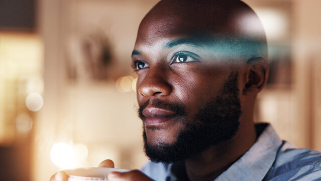 Review, thinking or black man in office with coffee, budget insight or ideas for funding pitch. Business, tech or financial consultant with mug, forecast plan or proposal solution for investment.