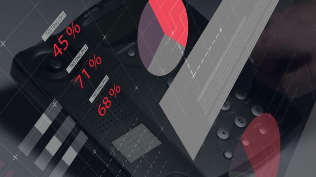 Right hand entering and pressing black desk phone keypad, shifting call analytics HUD to pie charts