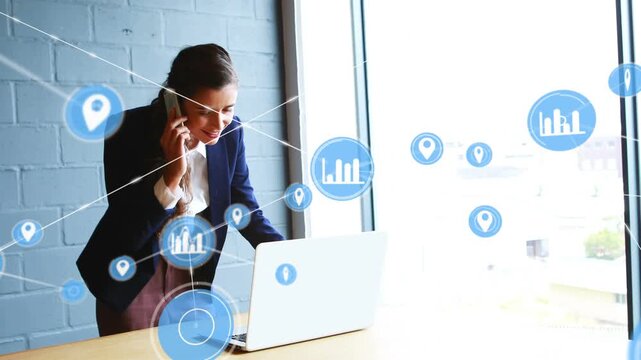 Blue circle rising at window icons flowing woman talking cell typing tracking laptop business data