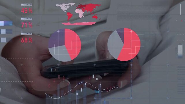 Woman holding phone after entering frame, tapping screen, displaying finance charts for analysis