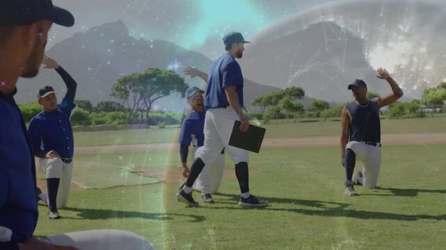 Vertical video: Coach walking clipboard causing team raising hand during sports, overlay over field