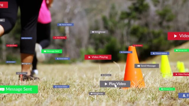Play icons appearing, runners' legs jogging past orange cone while labels showing social engagement