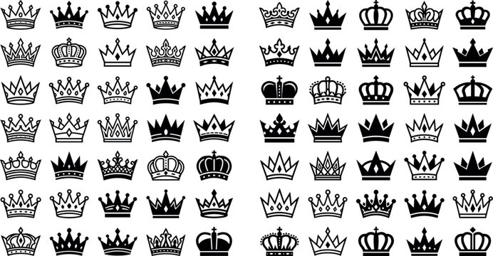 Crown Icon Collection Featuring Various Styles for Royalty, Fantasy, and Luxury Designs