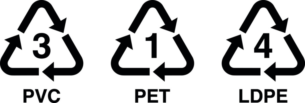 Recycling Symbols for PVC, PET, and LDPE Plastic Types for Waste Management, Sustainability, and Environmental Designs