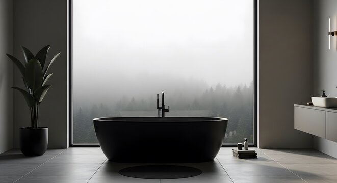 Modern bathroom with forest view. 