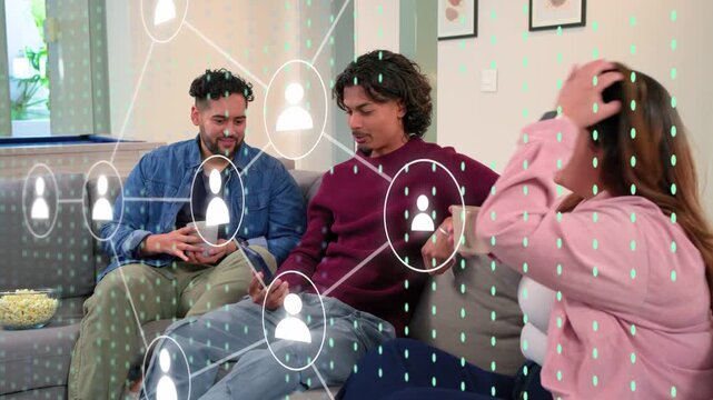 Center person tapping phone initiating node network over 3 friends showing technology