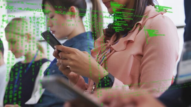 Camera pulling code overlay rising over phone, woman in pink scrolling phone, following session