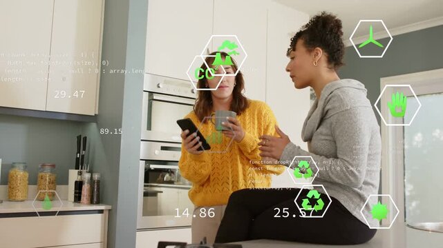 Standing woman tapping phone with mug, causing green hex overlay and values guiding home planning