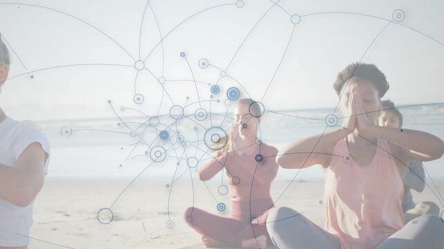 Four women sitting on shore mats, camera panning, animated nodes growing over chests for meditation