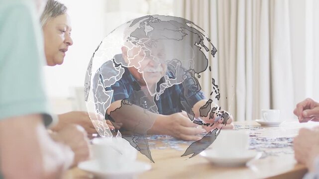 Senior man picking and placing puzzle piece while woman guiding for health, globe rotating overlay