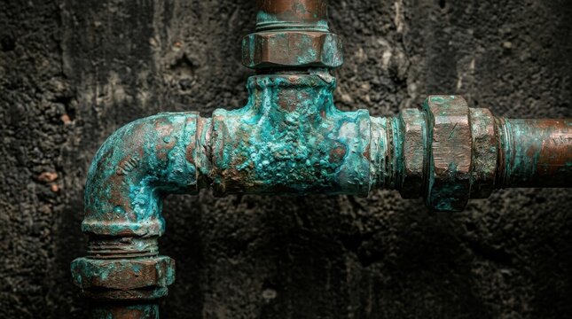 Corroded Copper Pipe Fitting with Verdigris Against Dark Background.