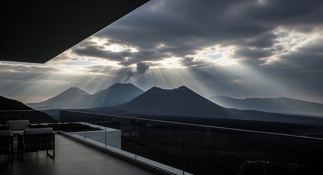 Panoramic view from a penthouse balcony overlooking mountains with dramatic cloudy skies