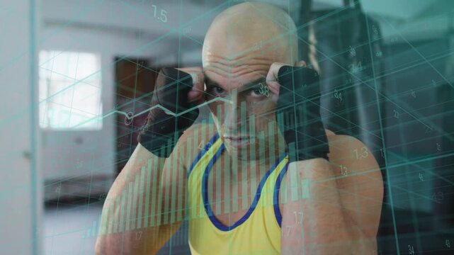 Starting fitness drill, male boxer throwing jabs and resetting guard, HUD charts tracking form