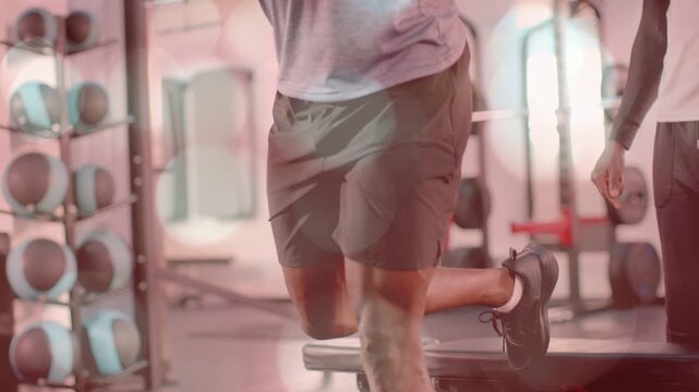 Man bracing bar stepping onto bench, training split squats, coach watching, overlay showing motion