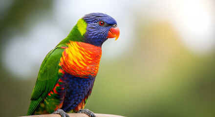 Fototapeta premium Colorful rainbow lorikeet parrot perched on branch with blurred green background.